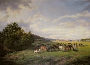 Zicht op de Kladrub Stoeterij in Bohemen, 1850